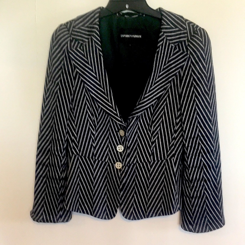 1990s Emporio Armani Blazer. Fitted, striped, low cut and on trend for fall!